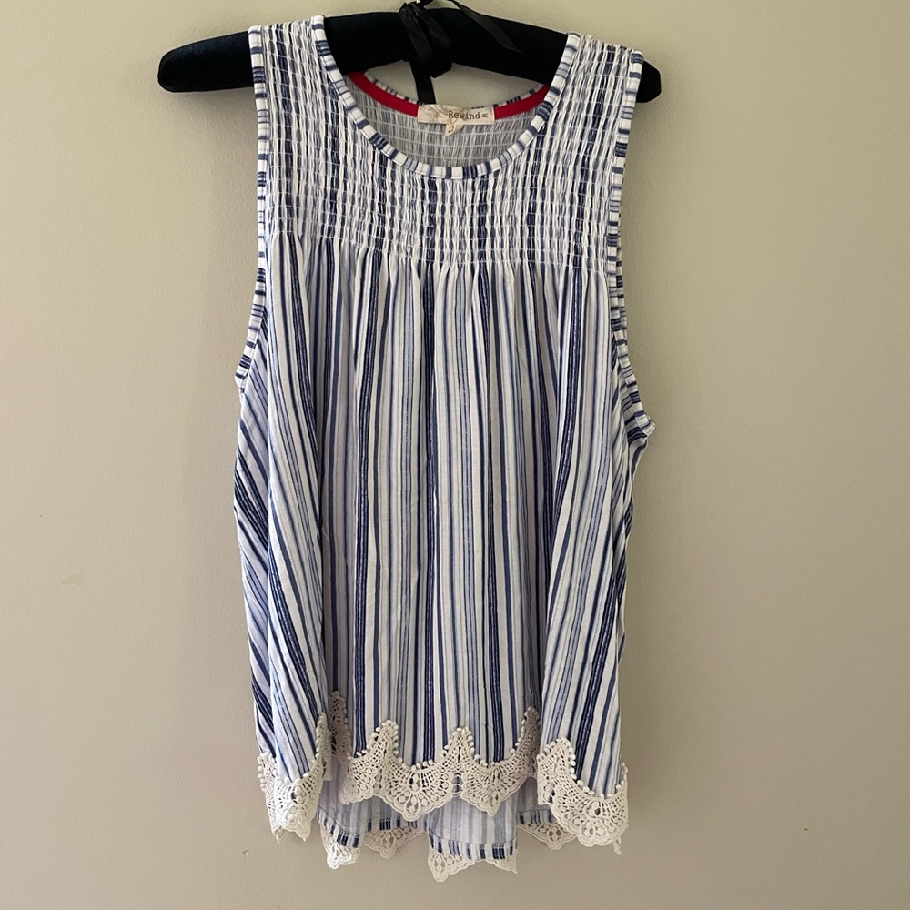 Blue/white tank with lace hem size L